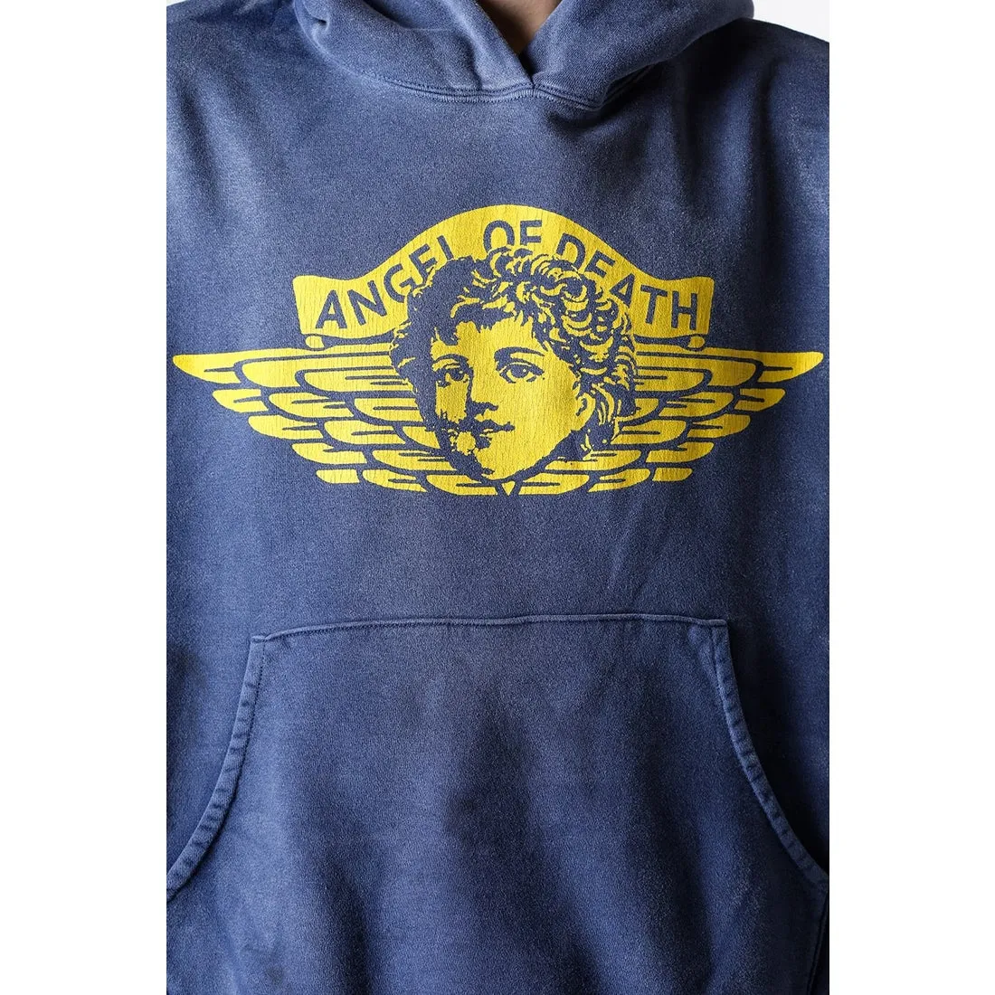 SAINT M×××××× ANGEL HOODIE/NAVY Angel Reborn Blue Hoodie Washed Blue S-XL Assute Garment Dyeing Full Clothes Water Fading Mud Dyeing Dirty Distress New Vintage Ceiling God Tailoring Original Super Loose Fit Customized Original Accessories God-level Print Restoration